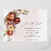 Boho Burgundyエレガント赤面フローラ写真 箔招待状 (正面)