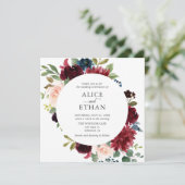Boho Burgundyネイビーブルーエレガント花 招待状 (スタンド正面)