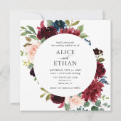Boho Burgundyネイビーブルーエレガント花 招待状 (正面)
