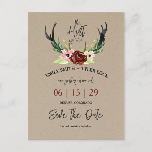 Boho Burgundyフローラ狩りは日付を保存する 案内ポストカード (正面)