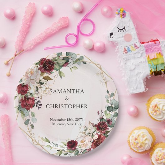 Boho burgundyフローラ金ゴールド幾何結婚の ペーパープレート (パーティー)