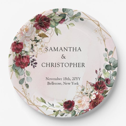 Boho burgundyフローラ金ゴールド幾何結婚の ペーパープレート (正面)