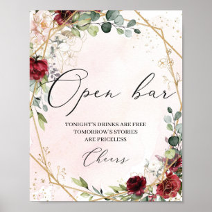 Boho burgundyフローラ金ゴールド結婚のオープンバー徴候 ポスター