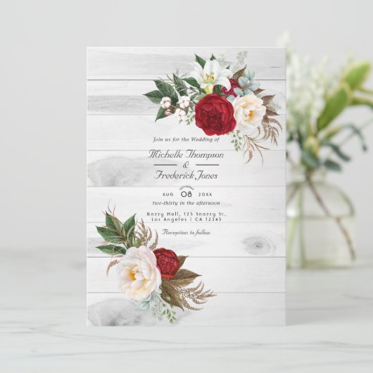 Boho BurgundyフローラQRコードRSVPボヘミアン結婚ズ 招待状 (スタンド正面)