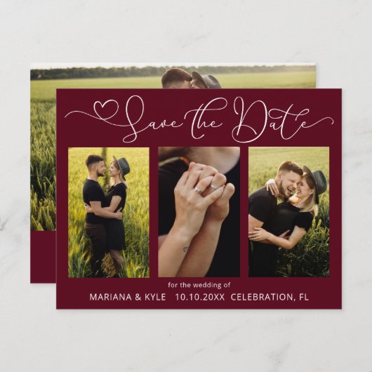 Boho Burgundyモダン写真ウェディング日付を保存 (正面/裏面)