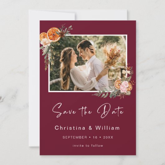 Boho Burgundy冬の休日の結婚式の日付を保存 招待状 (正面)