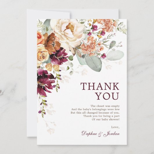 Boho Burgundy素朴オレンジ色の赤ちゃんシャワー サンキューカード (正面)