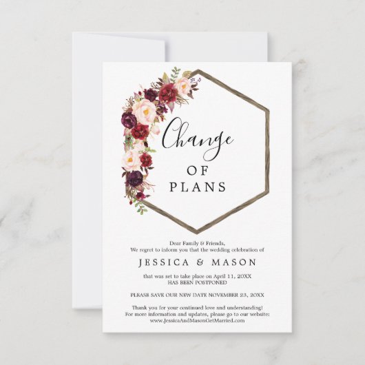 Boho Burgundy結婚の延期された発表 招待状 (正面)