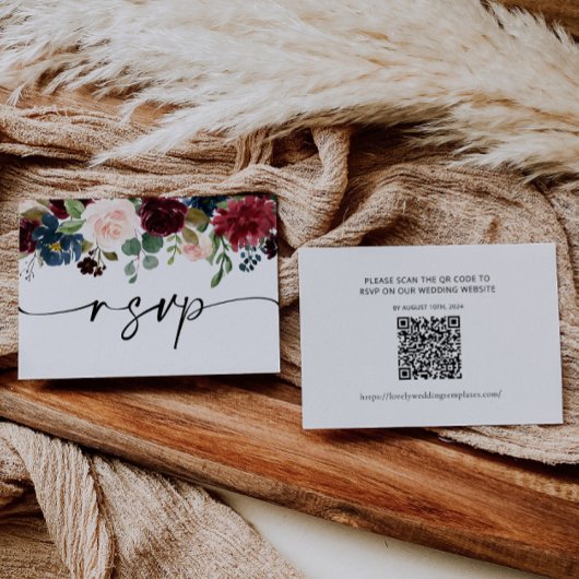 Boho Burgundy結婚式RSVP QRコードカード ノートカード