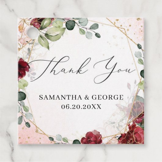 Boho burgundy赤面フローラ金ゴールド幾何結婚の フェイバータグ (正面)