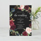 Boho Burgundy青い花結婚の数 招待状 (スタンド正面)