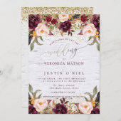 Boho Burgundy+赤面水彩花 招待状 (正面/裏面)