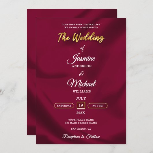 Boho Burgundy and Gold Foil Script Wedding Simple 招待状 (正面/裏面)