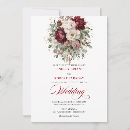 Boho Burgundy and White Flowers Wedding Invitation 招待状 (正面)