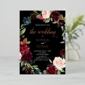 Boho Burgundy Blue Flowers Script 結婚's 箔招待状 (立ち正面)