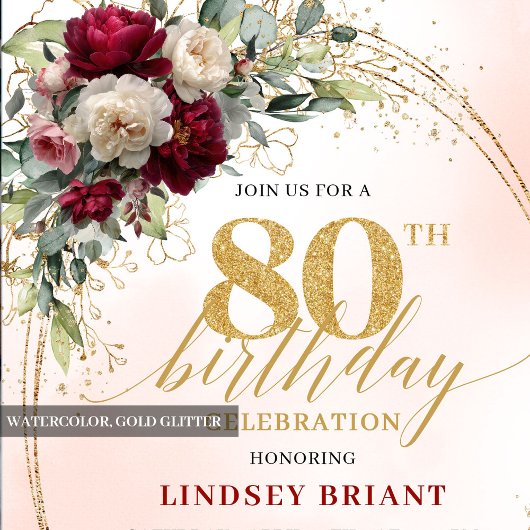 Boho Burgundy Blush Floral 80th Birthday Invite 招待状