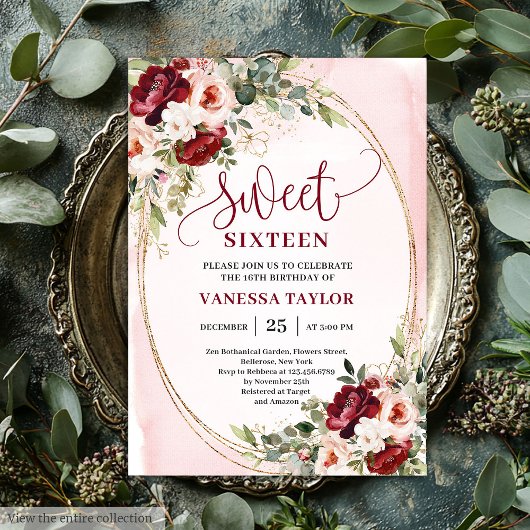 Boho Burgundy Blush Floral Sweet Sixteen Party 招待状