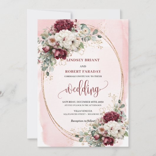 Boho Burgundy Blush Rose Wedding Invitation Suite 招待状 (正面)
