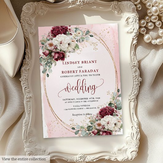 Boho Burgundy Blush Rose Wedding Invitation Suite 招待状