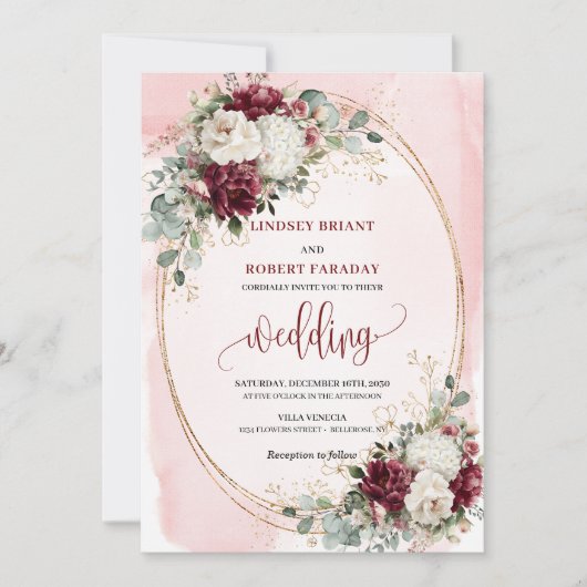 Boho Burgundy Blush Wedding Invitation with Roses 招待状 (正面)