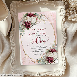 Boho Burgundy Blush Wedding Invitation with Roses 招待状