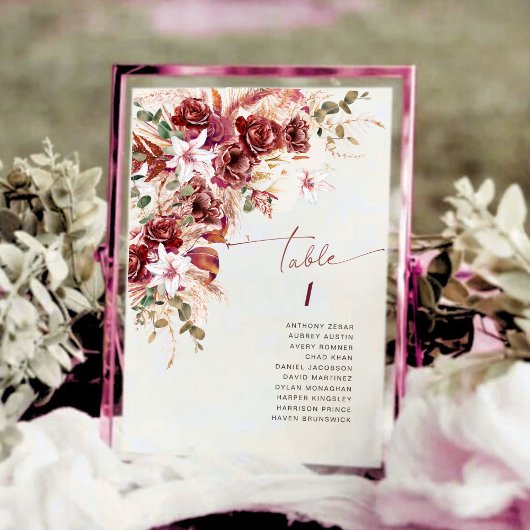 Boho Burgundy Blush Wedding Table Number Card ノートカード