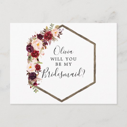 Boho Burgundy Bridesmaid Proposal Card ポストカード (正面)