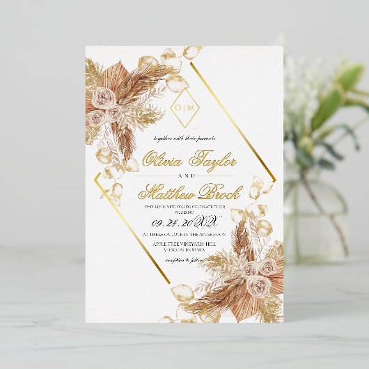 Boho Burgundy Diamond Gold White Wedding Foil  箔招待状 (立ち正面)