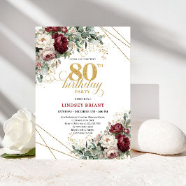 Boho Burgundy Eucalyptus Floral 80th Birthday 招待状