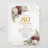Boho Burgundy Eucalyptus Floral 80th Birthday 招待状 (正面)