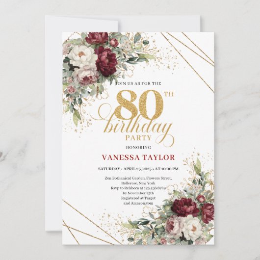 Boho Burgundy Eucalyptus Floral 80th Birthday 招待状 (正面)