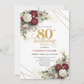 Boho Burgundy Floral 80th Birthday Invitation 招待状 (正面)