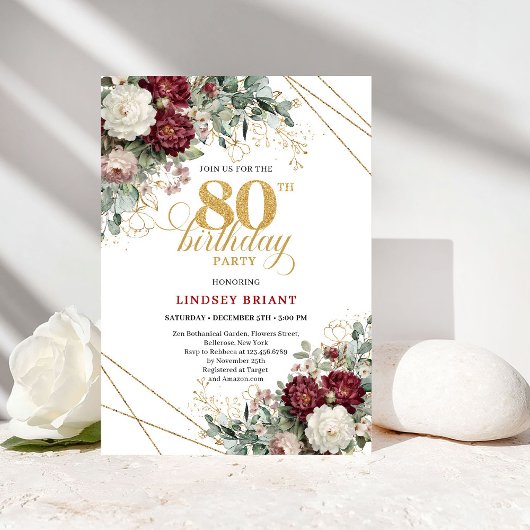 Boho Burgundy Floral 80th Birthday Invitation 招待状
