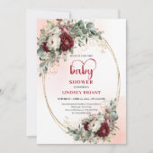 Boho Burgundy Floral Gold Baby Shower Invitation 招待状 (正面)