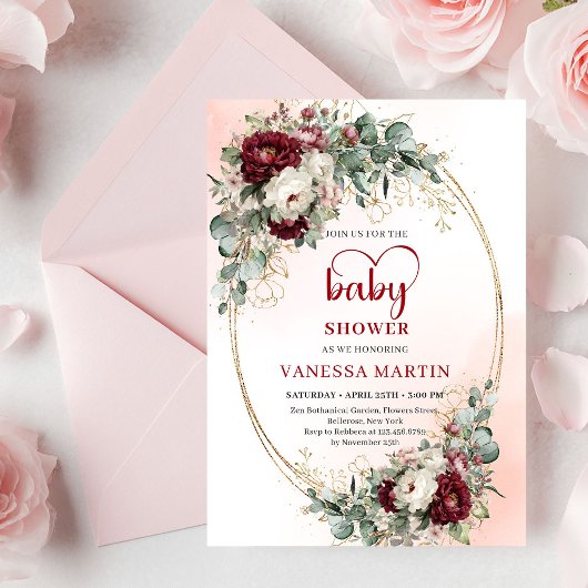 Boho Burgundy Floral Gold Baby Shower Invitation 招待状
