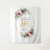 Boho Burgundy Floral Gold Frame 60th Birthday  タペストリー (正面)