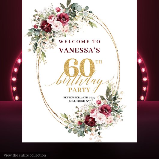 Boho Burgundy Floral Gold Frame 60th Birthday  タペストリー