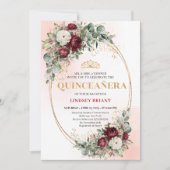 Boho Burgundy Floral Gold Quinceañera Invitation 招待状 (正面)