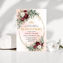 Boho Burgundy Floral Gold Quinceañera Invitation 招待状