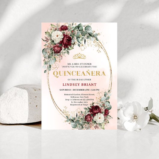 Boho Burgundy Floral Gold Quinceañera Invitation 招待状