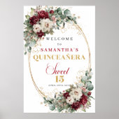 Boho Burgundy Floral Gold Quinceanera Welcome Sign ポスター (正面)