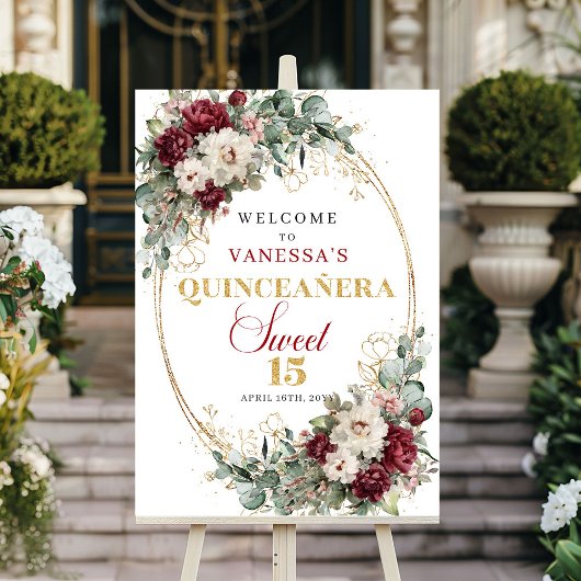 Boho Burgundy Floral Gold Quinceanera Welcome Sign ポスター