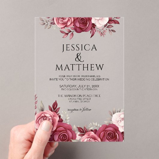 Boho Burgundy Floral Wedding アクリル招待状 (インサイチュ (ポータブル))
