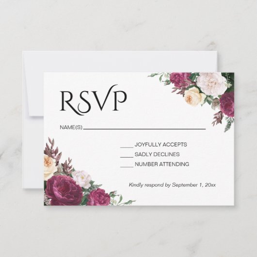 Boho Burgundy Floral Wedding 出欠カード (正面)