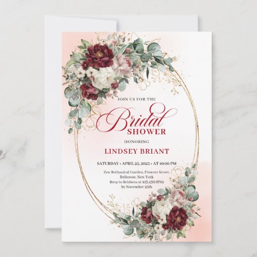 Boho Burgundy Flowers & Eucalyptus Bridal Shower 招待状 (正面)