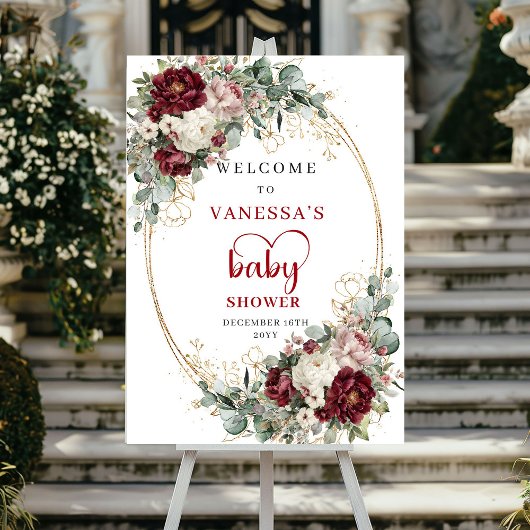 Boho Burgundy Flowers Gold Baby Shower Welcome ポスター
