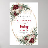 Boho Burgundy Flowers Gold Baby Shower Welcome ポスター (正面)