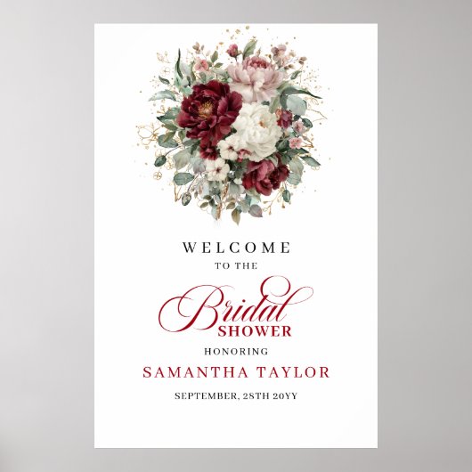 Boho Burgundy Flowers Greenery Gold Welcome Poster ポスター (正面)