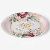 Boho Burgundy Gold Floral Elegant 60th Birthday  ペーパープレート (アングル)