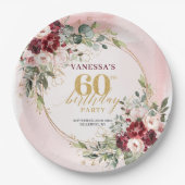 Boho Burgundy Gold Floral Elegant 60th Birthday  ペーパープレート (正面)